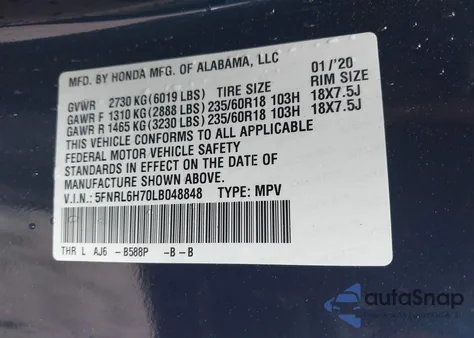 2020 Honda Odyssey Ex-L/Ex-L W/Navi Res z USA, uszkodzony, nr VIN 5FNRL6H70LB048848